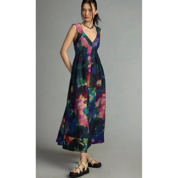 Anthropologie Dresses & Skirts - Anthropologie Medium Pleated Sleeveless Cut Out Back Watercolor Print Maxi Dress